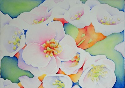 Aquarellbild einer abstrakter Irisblüten in Blautönen